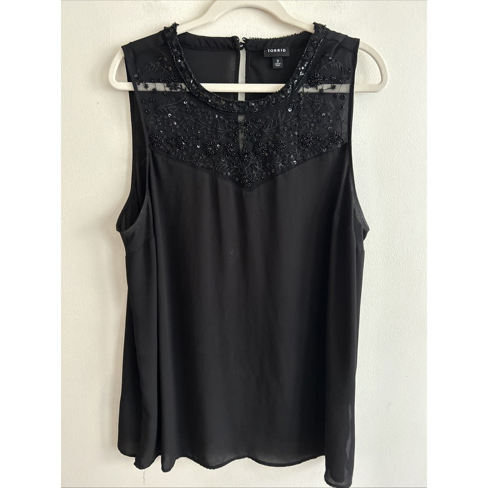 Torrid Floral Beaded Mesh‎ Blouse Black Sleeveless Size 2